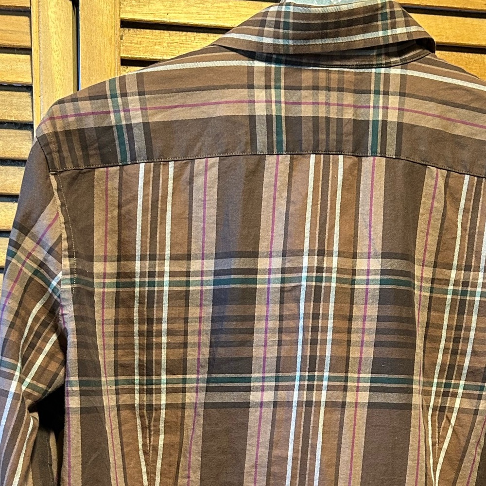 Lauren Ralph Lauren Brown, Tan, Green, Red and White Plaid Ruffled Shirt - Picture 13 of 16